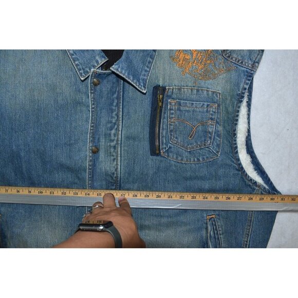 Indigo Red Denim Men's Vest Size 3XL Blue Sherpa Lined Embroidered Cotton Peace - Picture 15 of 16